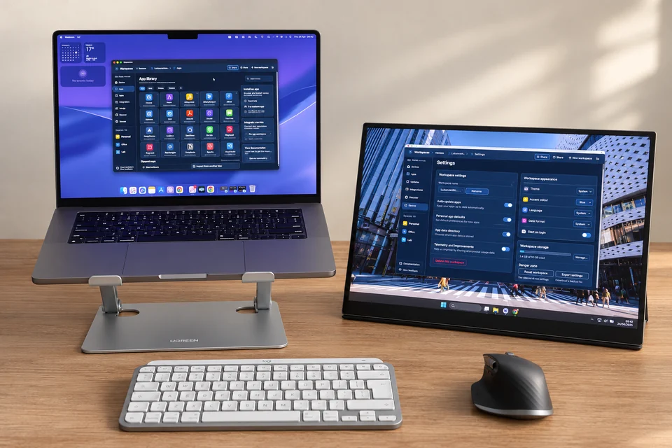 Illustration of a Mac and Windows desk sharing a keyboard and mouse with Slipstream