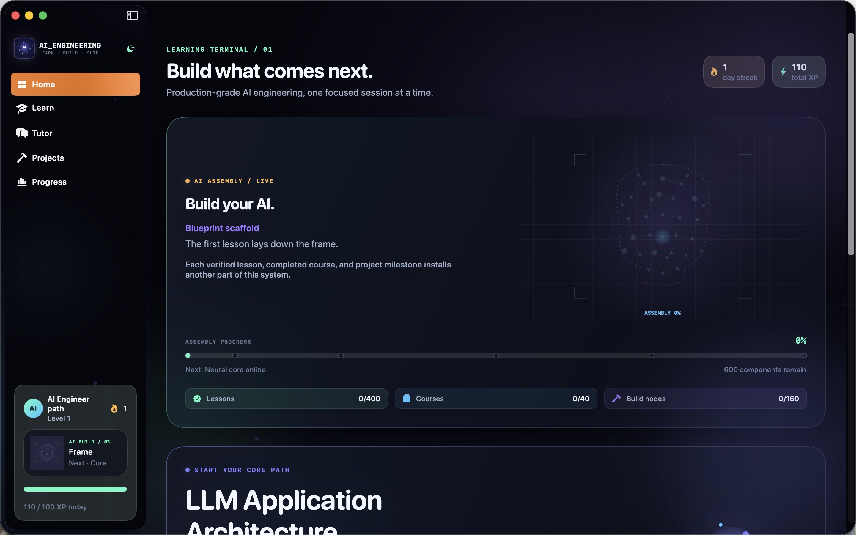 AI Engineering app home screen with the learning terminal, a live AI assembly visualization, lesson and course counters, XP, and streaks.