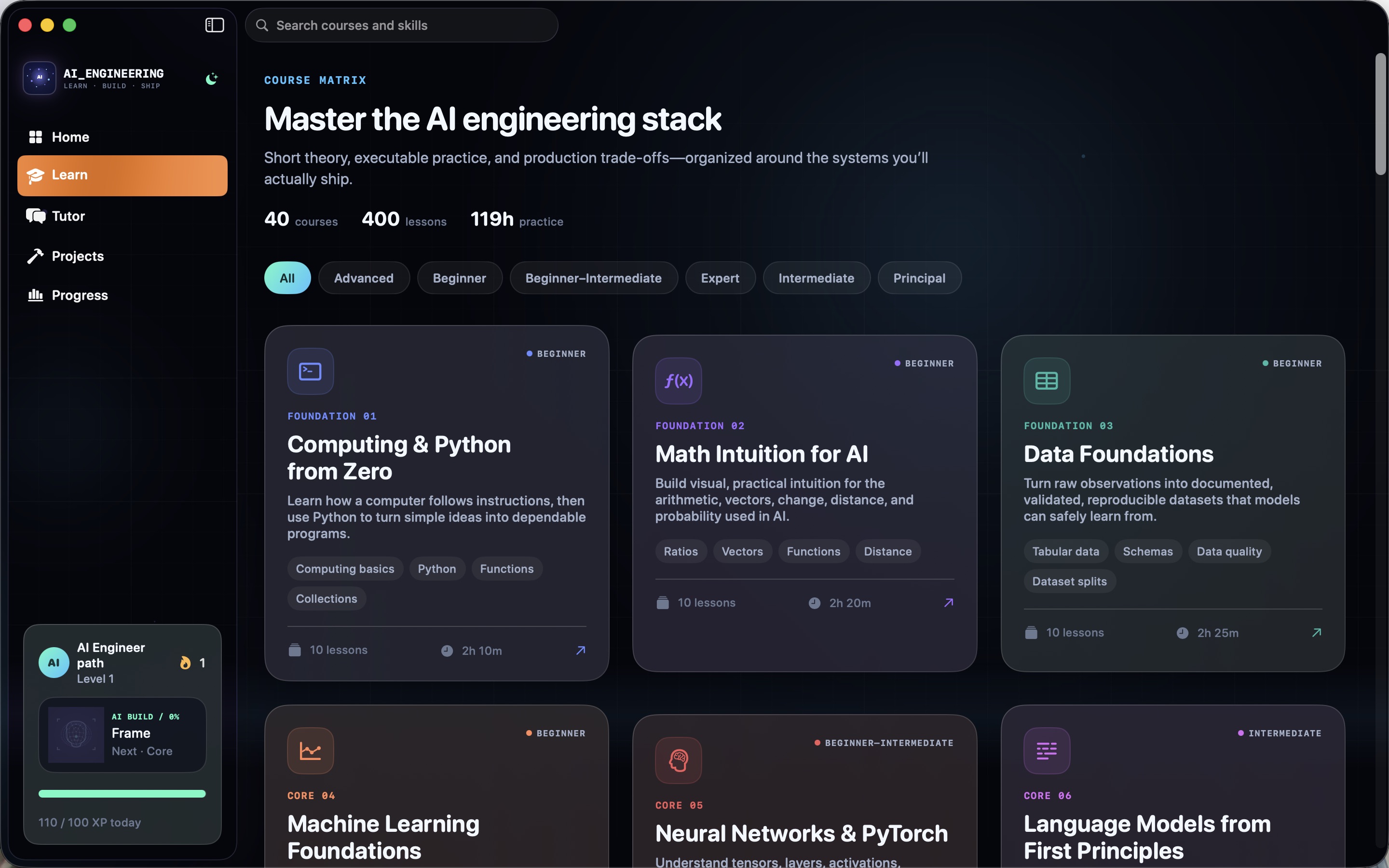 AI Engineering course catalog showing searchable courses with module and lesson completion.