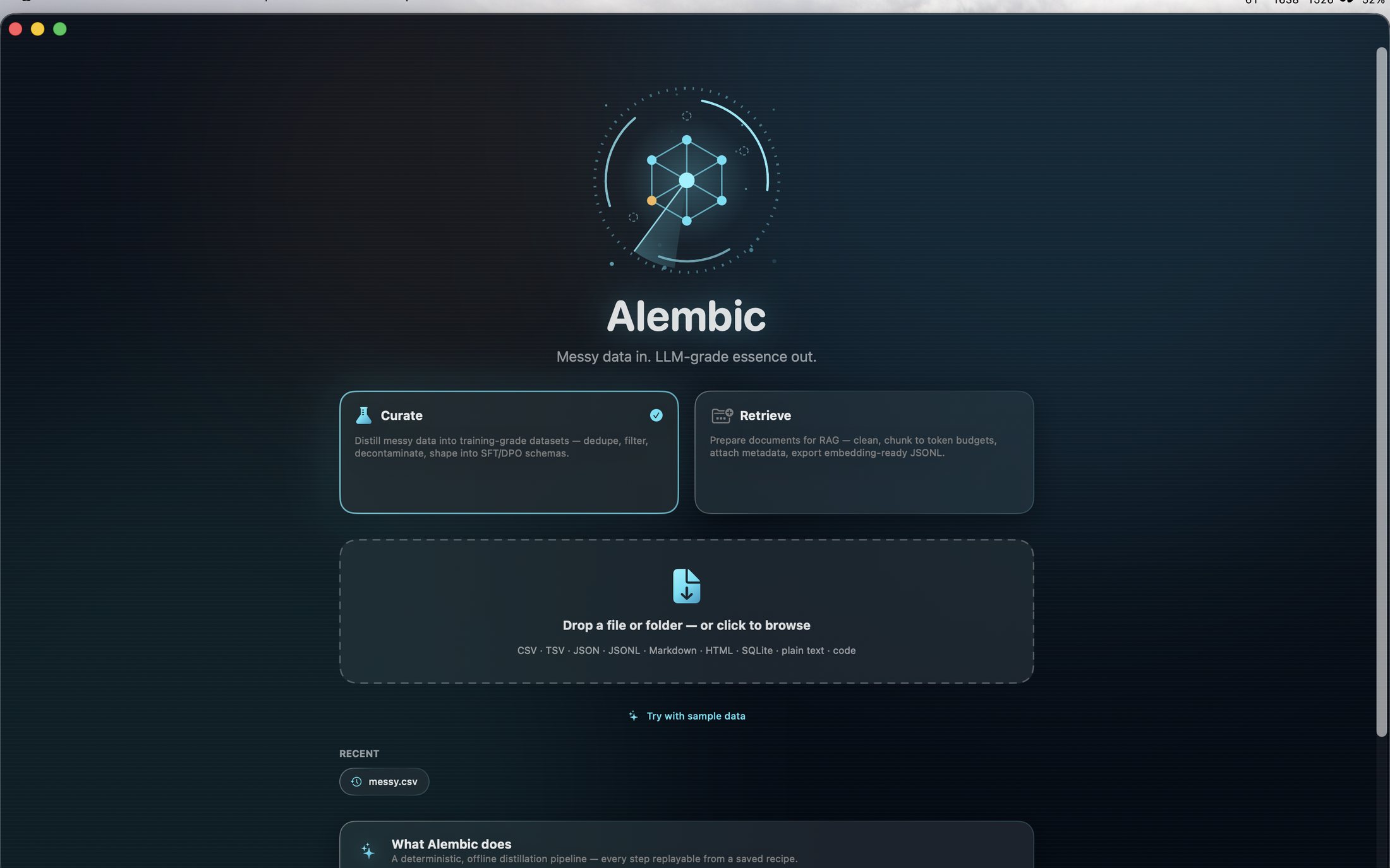 Alembic data distillation pipeline with staged cleaning steps and preview.
