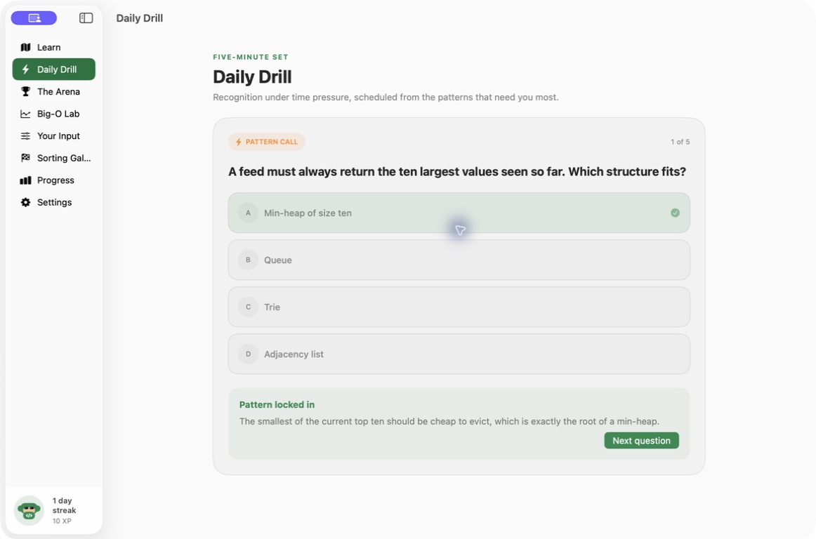 Algorithms Arena — Daily drill pattern feedback