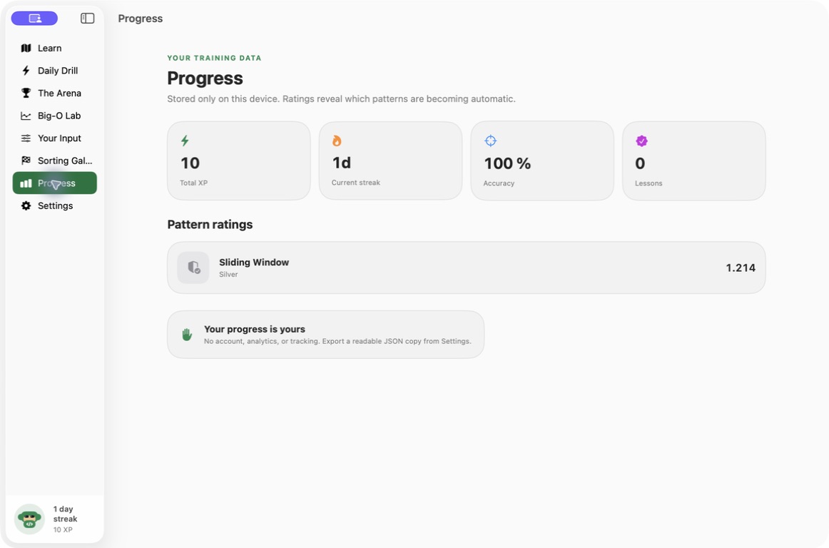 Algorithms Arena — Local progress rating privacy