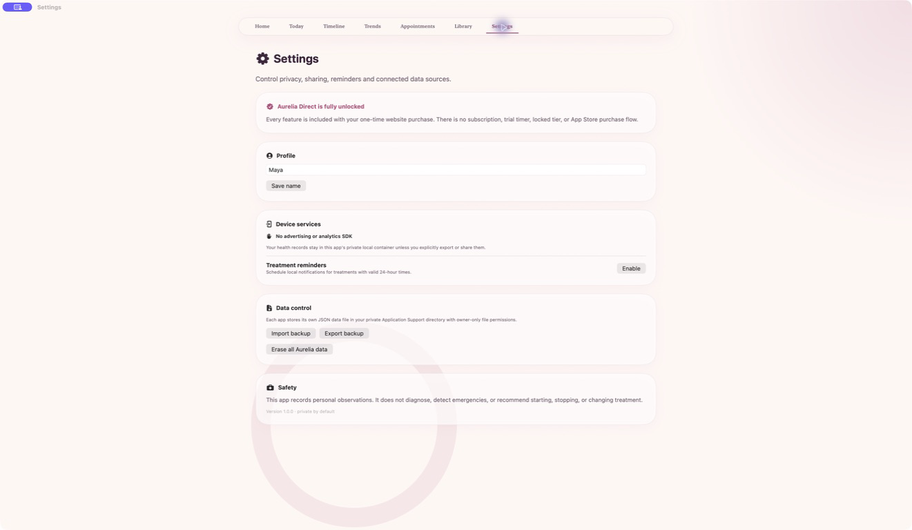 Aurelia — Fully unlocked private settings