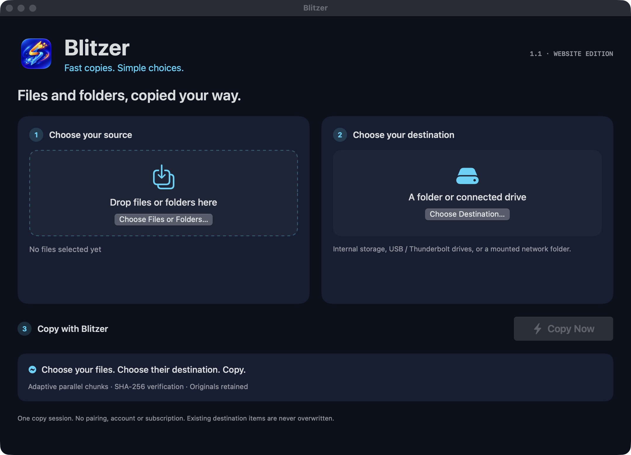 Blitzer — Blitzer 1.1: simple source → destination → copy interface