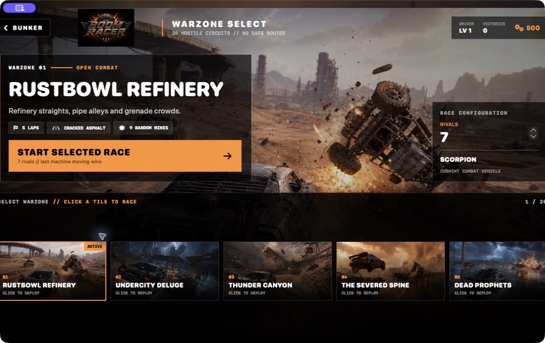Boom Racer — Twenty hostile warzone selection
