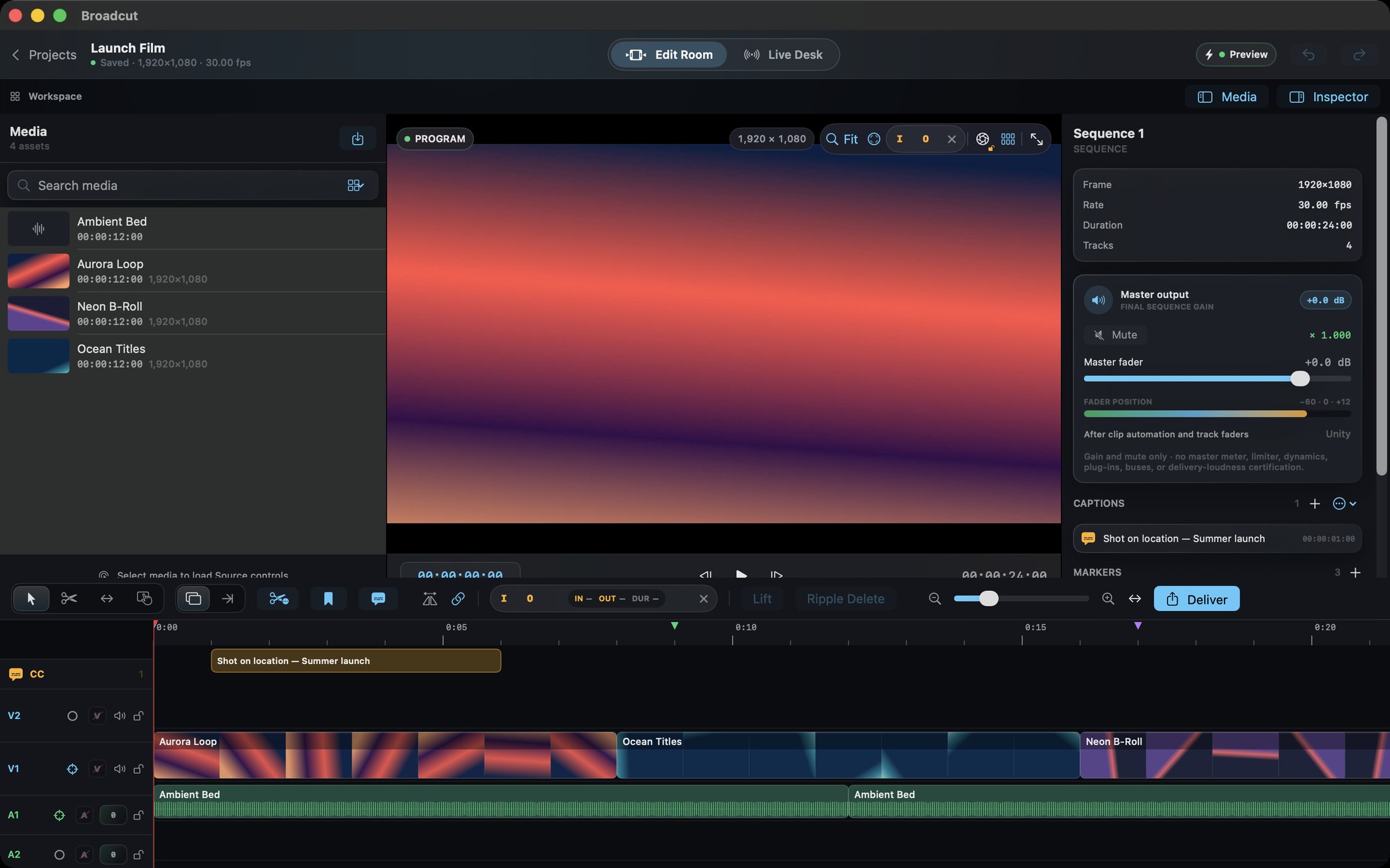 Broadcut Edit Room with program viewer, media bin, inspector and a populated multitrack timeline.