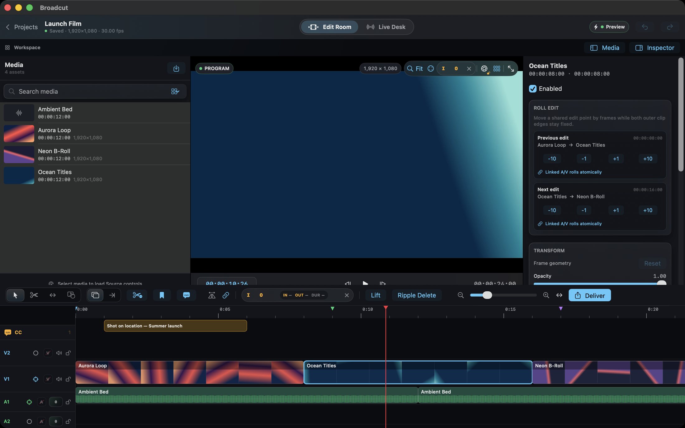 Roll edits in the inspector — Adjacent-edit controls with per-frame nudges and linked A/V rolls that stay atomic.