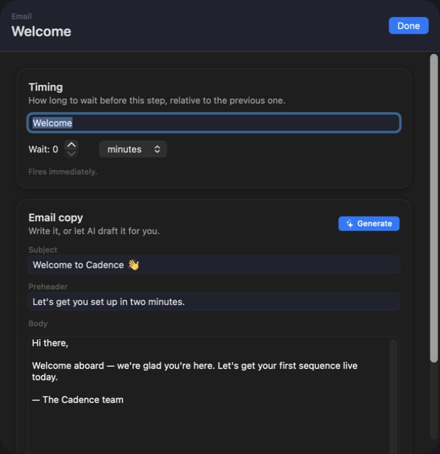 Cadence Email Sequences — Email editor
