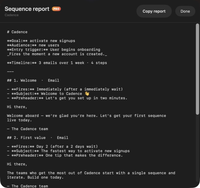 Cadence Email Sequences — Sequence report