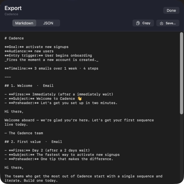 Cadence Email Sequences — Export sequence