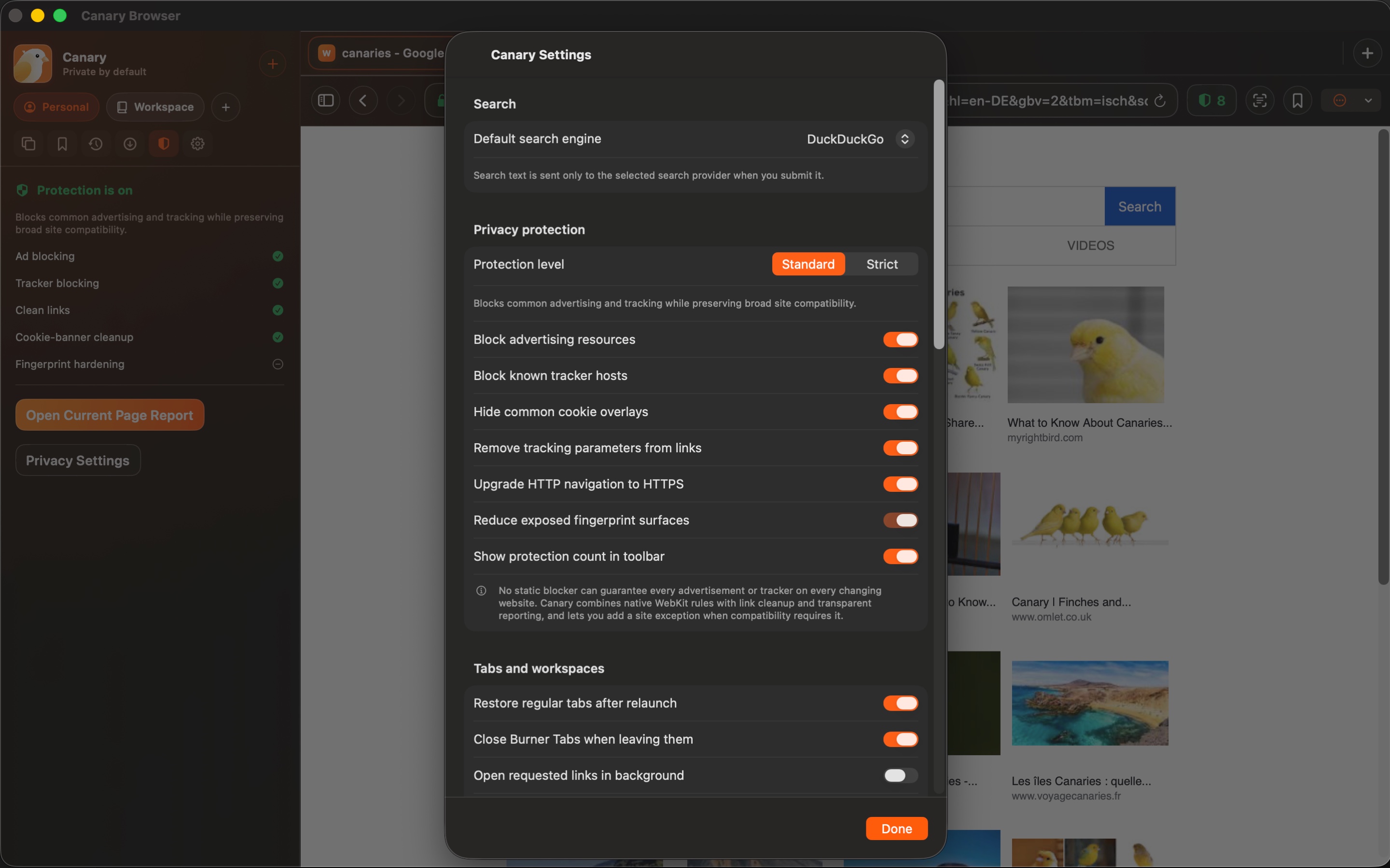 Canary Browser — Canary privacy settings
