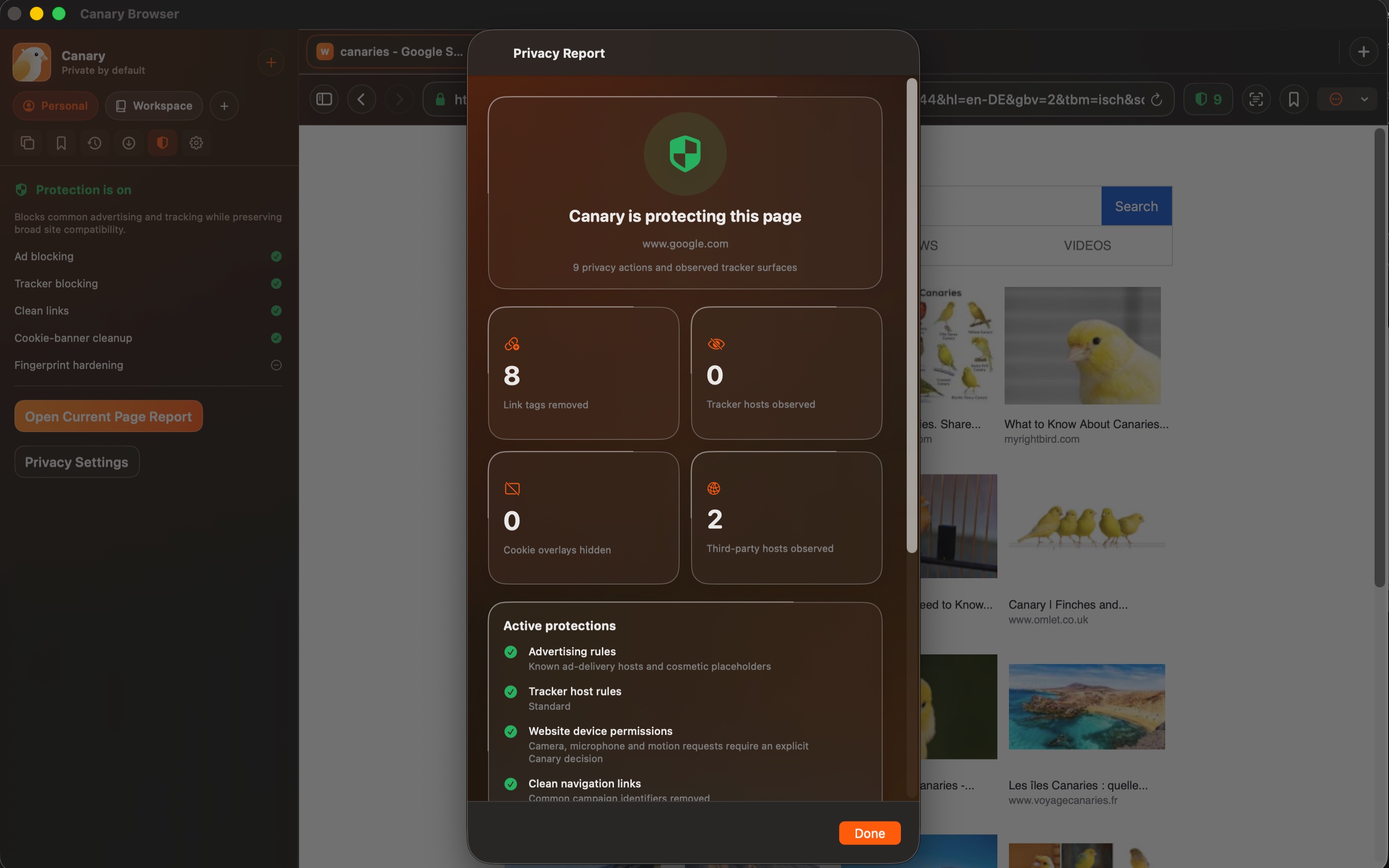 Canary Browser — Canary privacy report