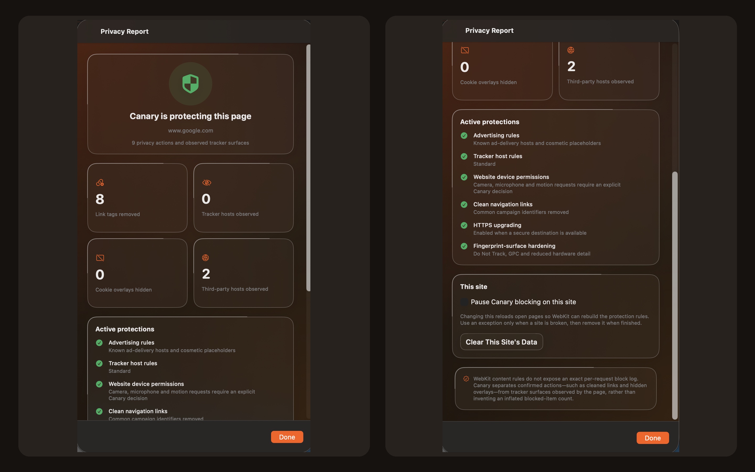 Canary Browser — Canary detailed privacy report