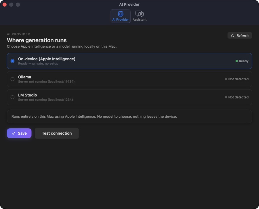 Cluster — Optional local AI provider settings