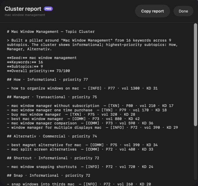 Cluster — Full cluster report preview