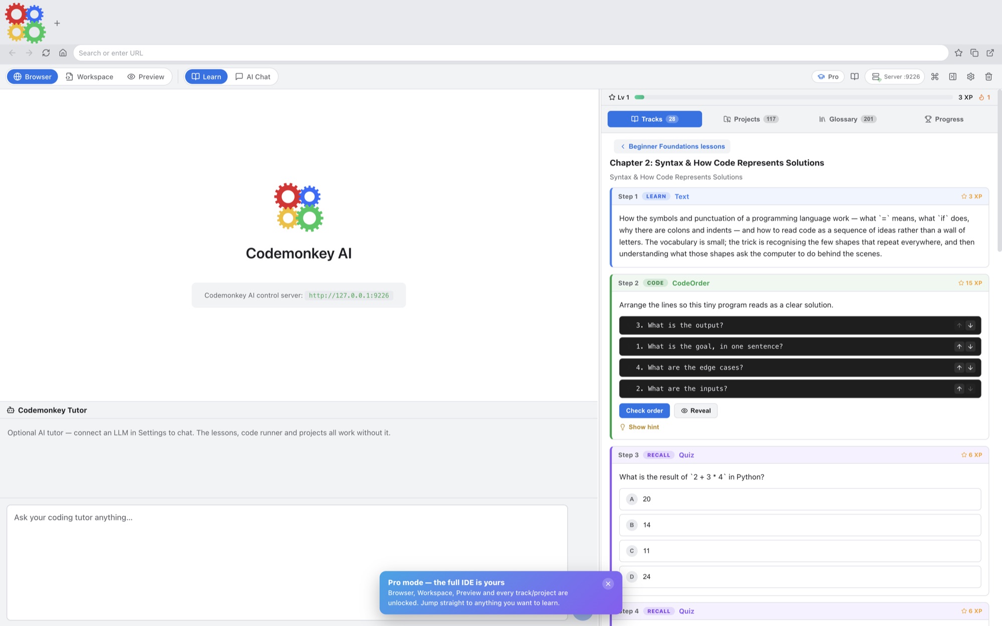 Codemonkey AI coding fundamentals lesson using explainers, code-shaped diagrams, recall cards, and notes.