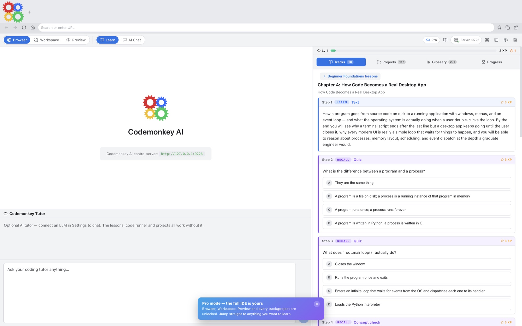 Codemonkey AI runnable lesson with text, a code editor, Run tests, Reveal solution, hint controls, quiz choices, XP, and lesson navigation.