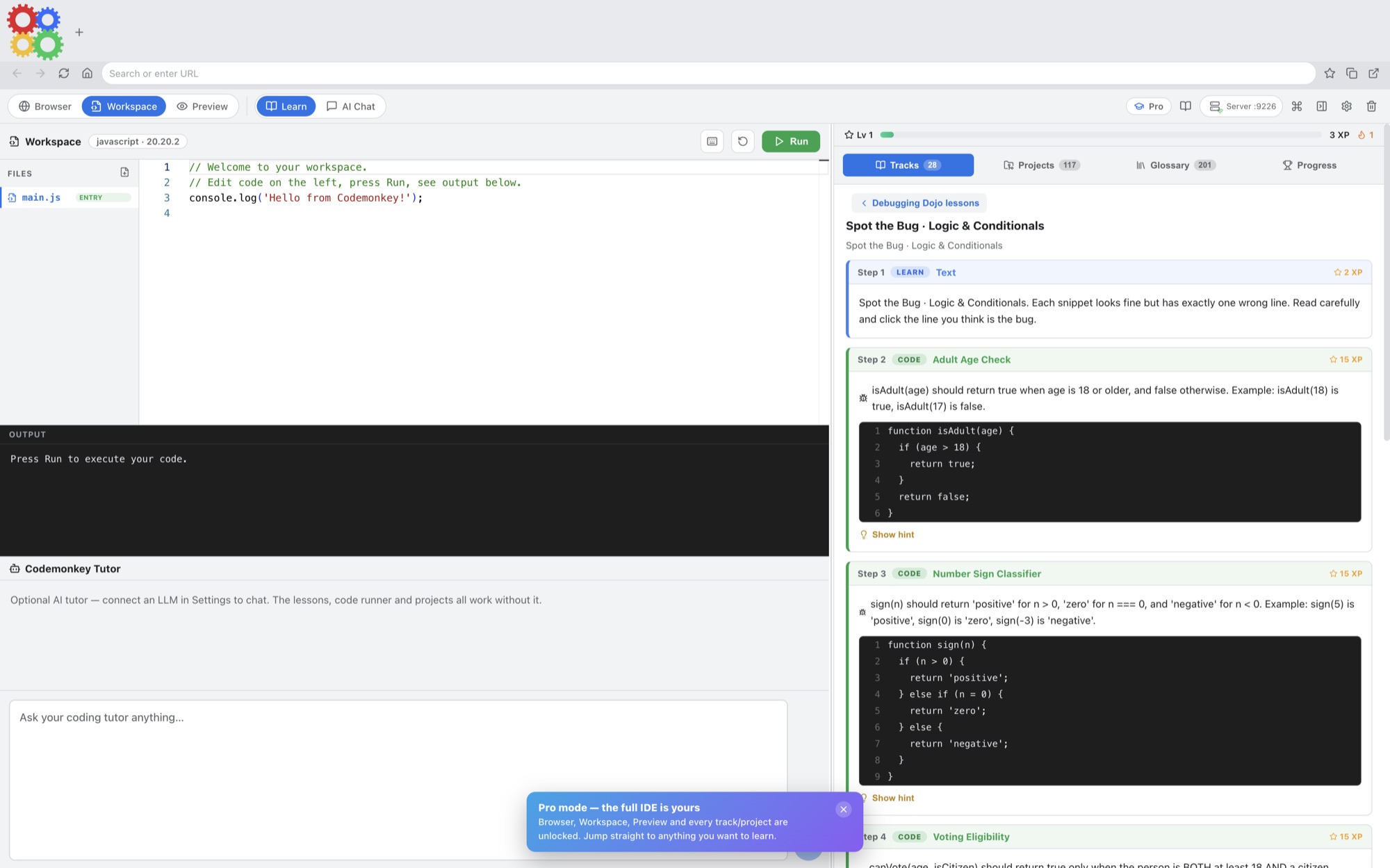 Codemonkey AI workspace showing a browser, tutor chat, lesson tracks, level progress, XP, settings controls, and the learning sidebar.
