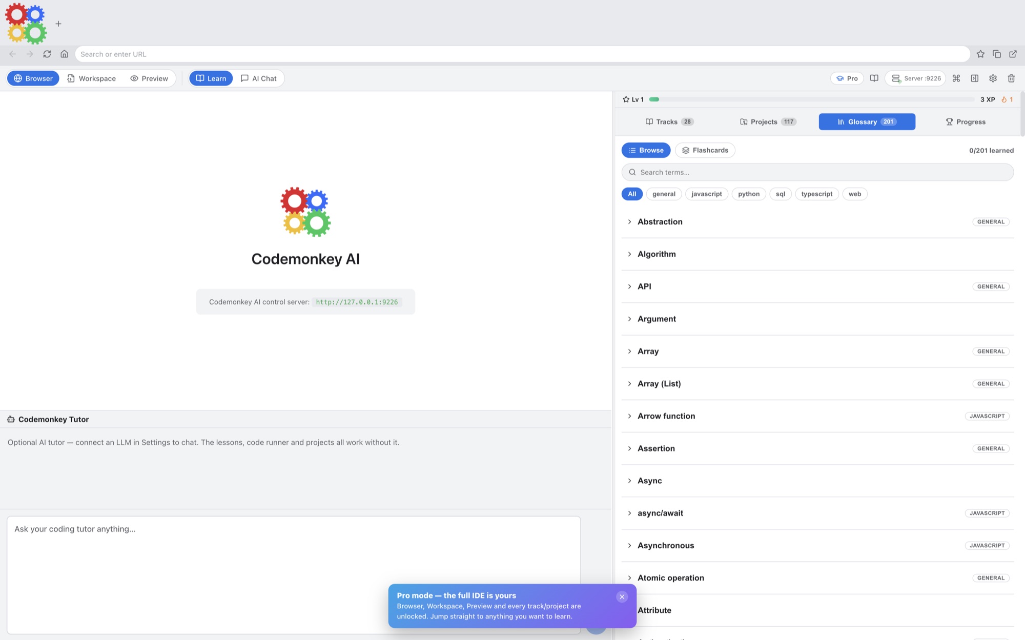 Codemonkey AI glossary tab with a searchable list of coding terms including algorithm, API, argument, array, assertion, async, and branch.