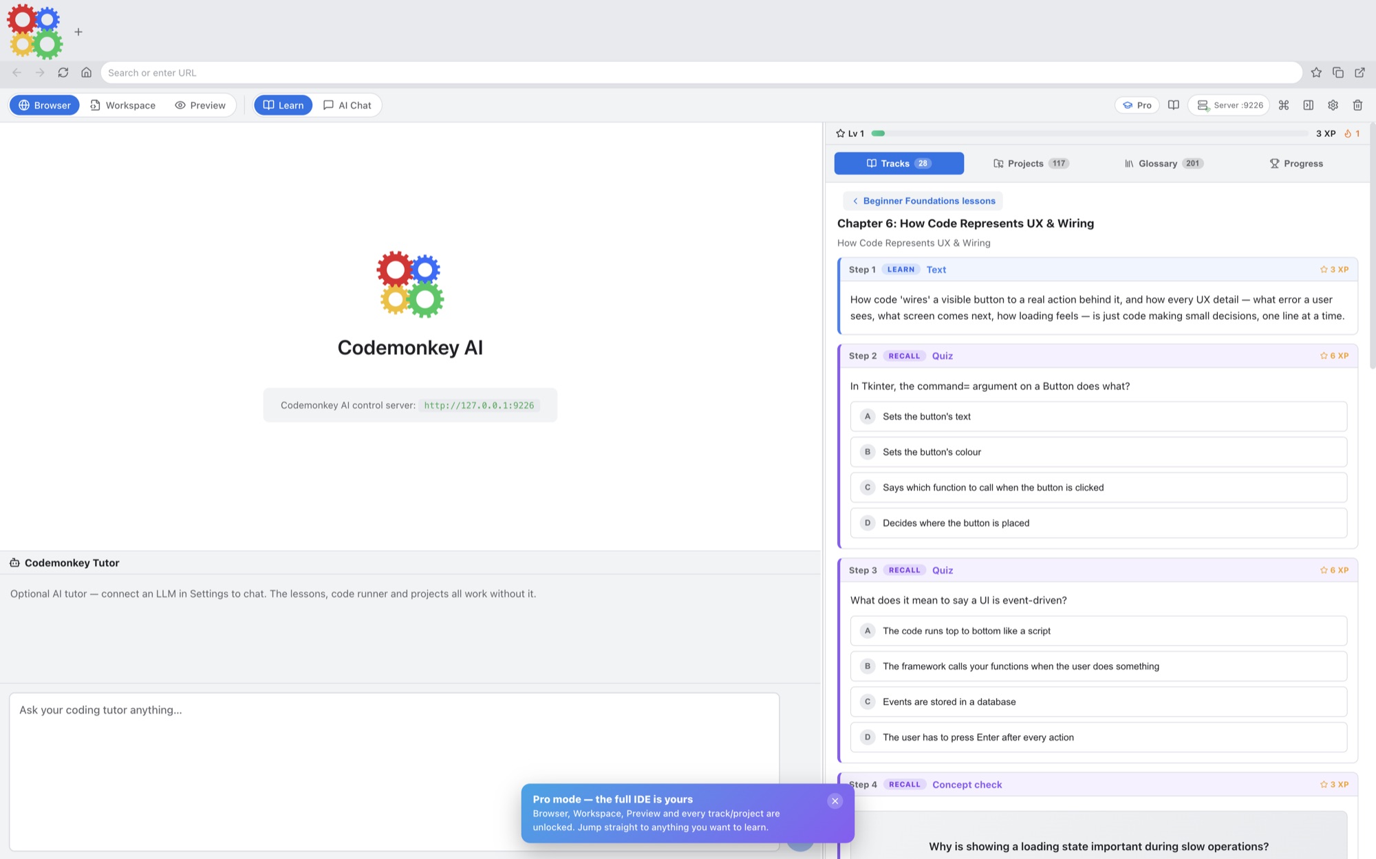 Codemonkey AI practice gym lesson with code challenges, Run tests buttons, hints, and XP.