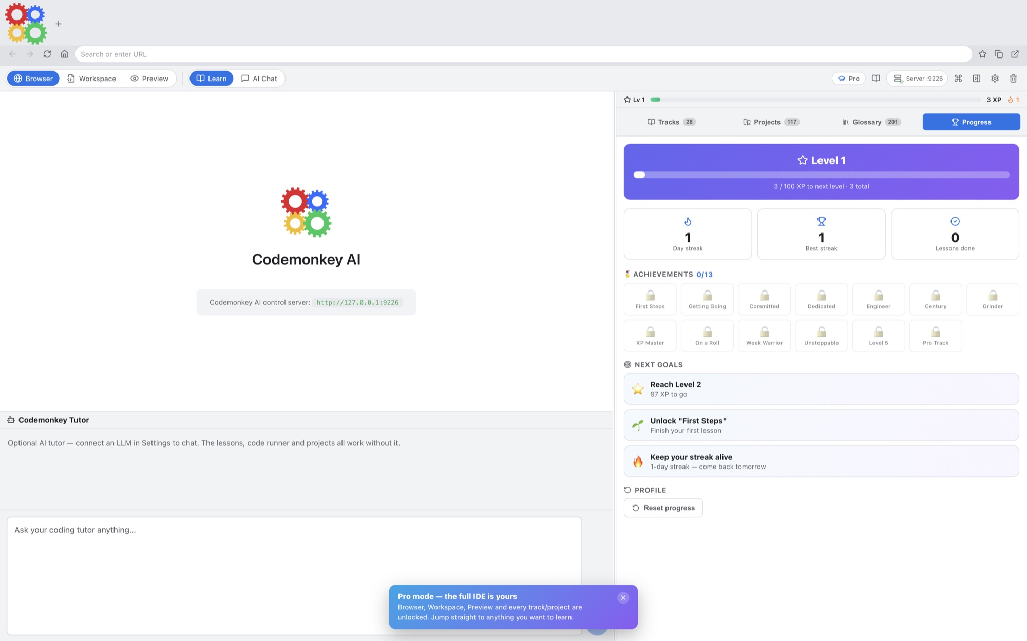 Codemonkey AI progress tab showing level, XP progress, streaks, achievements, and leaderboard.