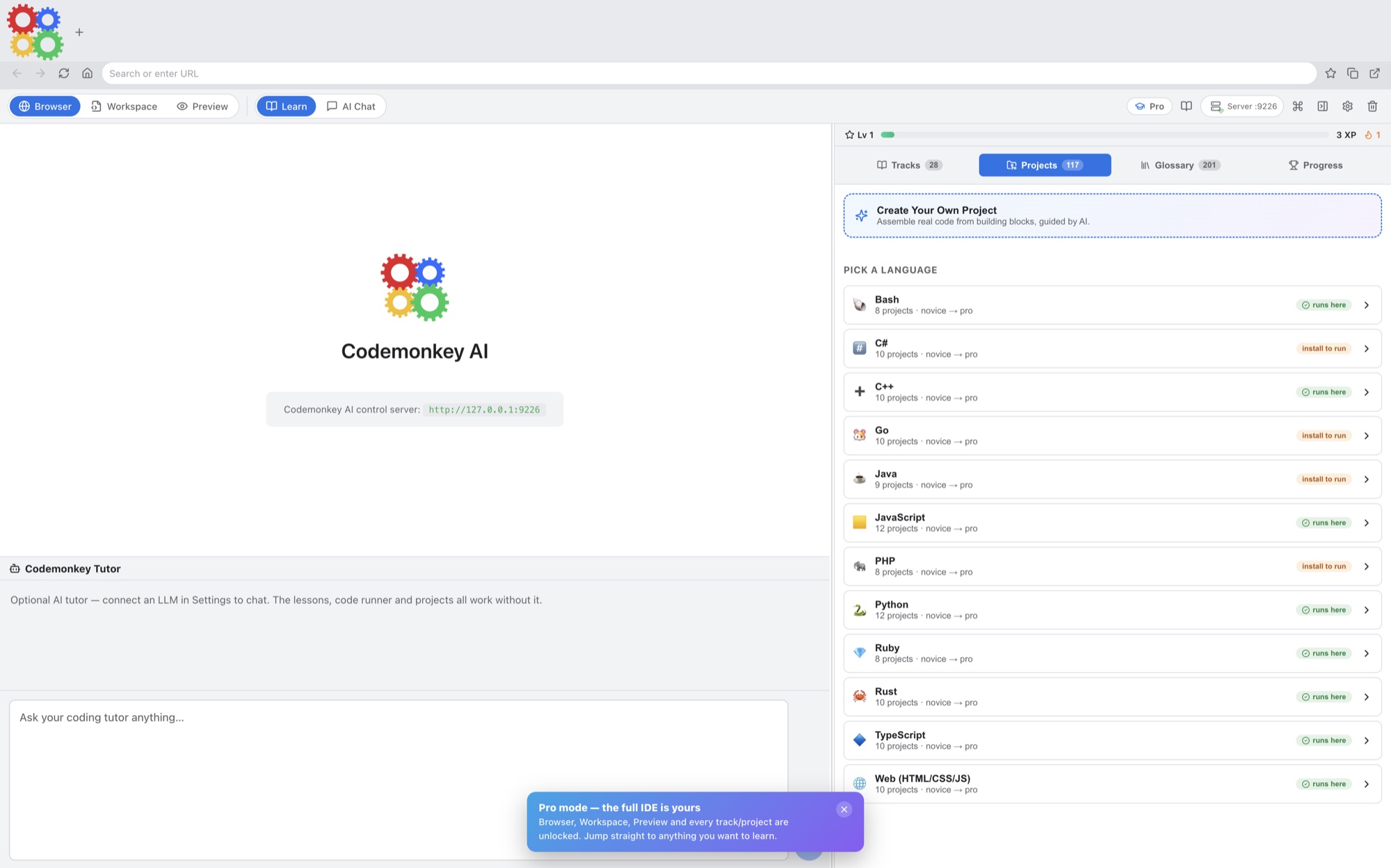 Codemonkey AI projects tab listing eight guided projects such as Quote of the Day CLI, Tip Calculator, Log Summary Script, React to-do list, and Go URL shortener.
