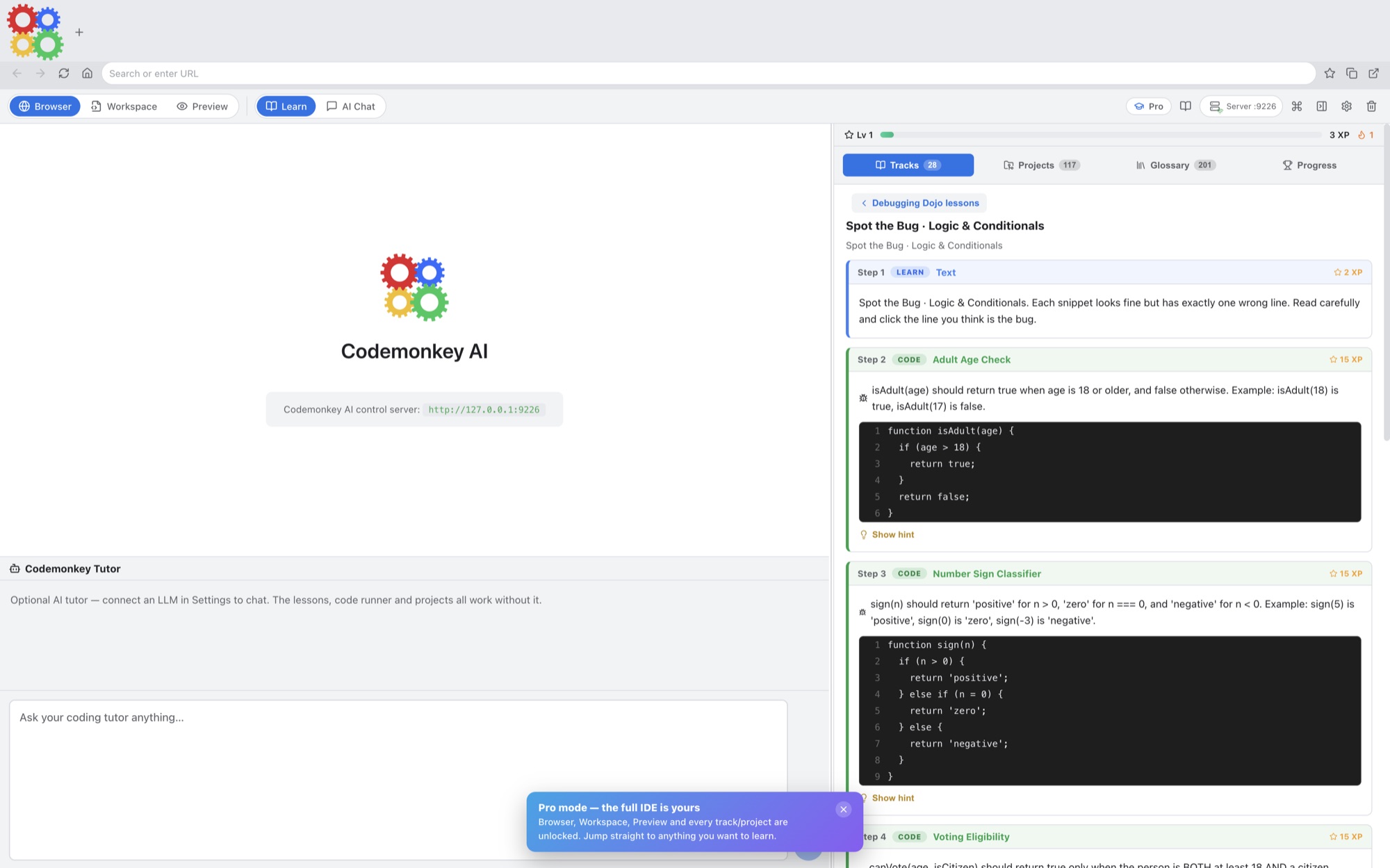 Codemonkey AI track overview showing 28 tracks, beginner foundations, developer journey, practice gym, projects, web foundations, algorithms, Bash, and C++.