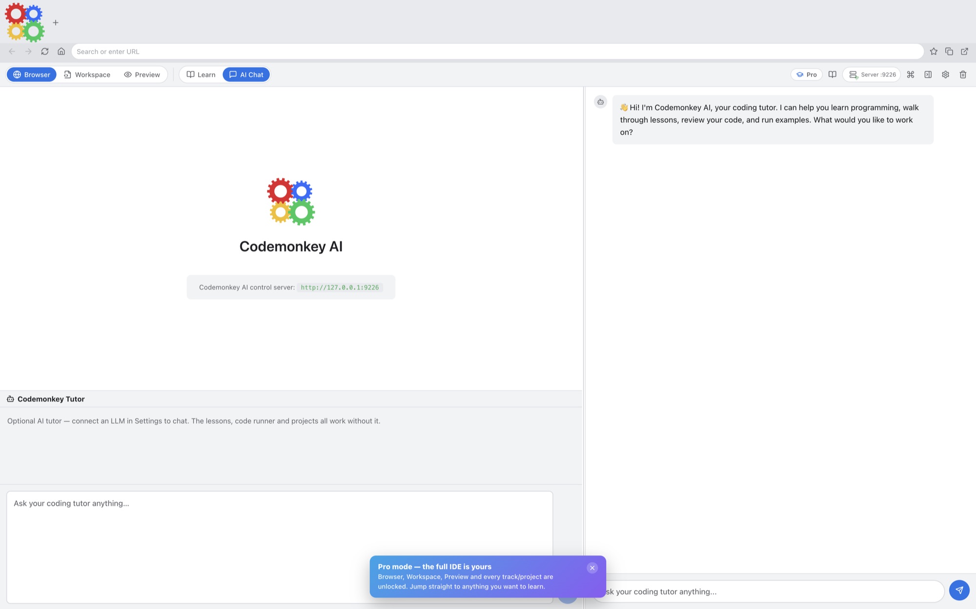 Codemonkey AI tutor chat panel with a message input for asking coding questions.