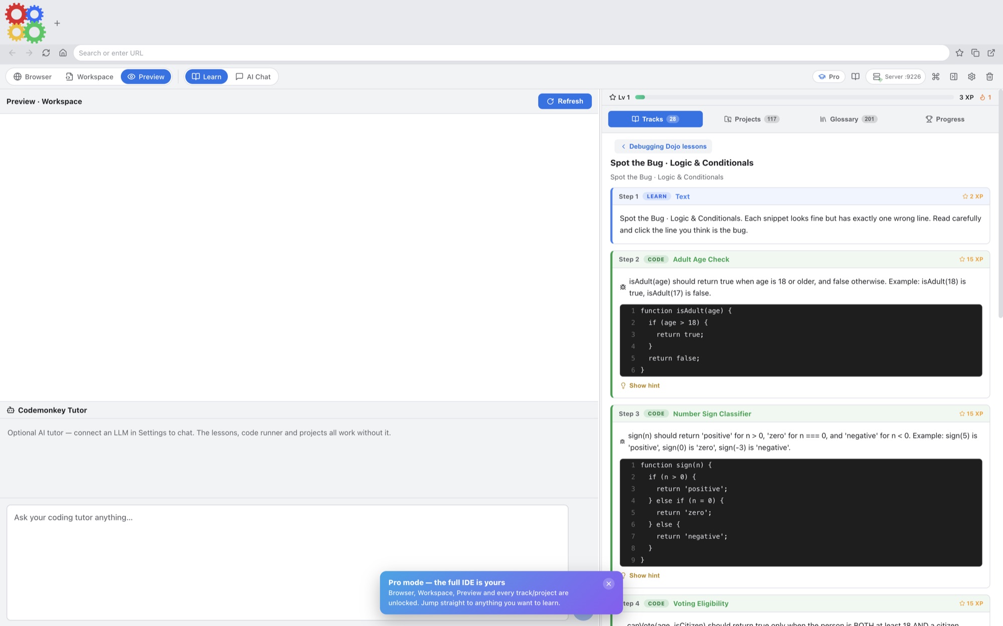 Codemonkey AI web foundations lesson showing HTML preview output, quizzes, and XP.