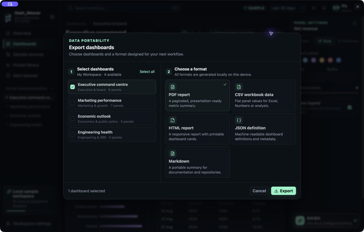 Dash Weaver — Local multi format dashboard export
