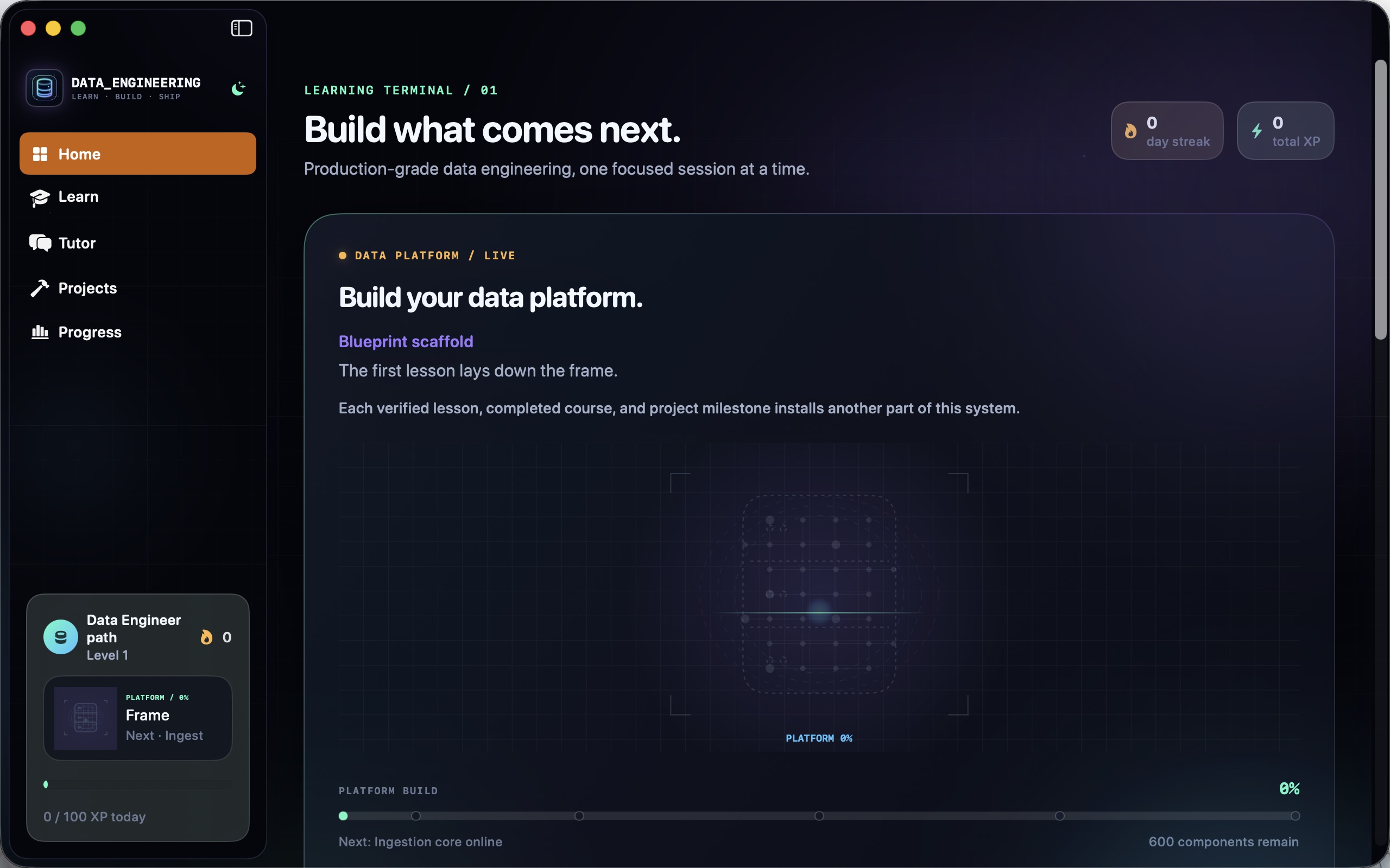 Data Engineering app home screen with the learning path, a live data-platform construction visualization, course progress, XP, and the learning sidebar.