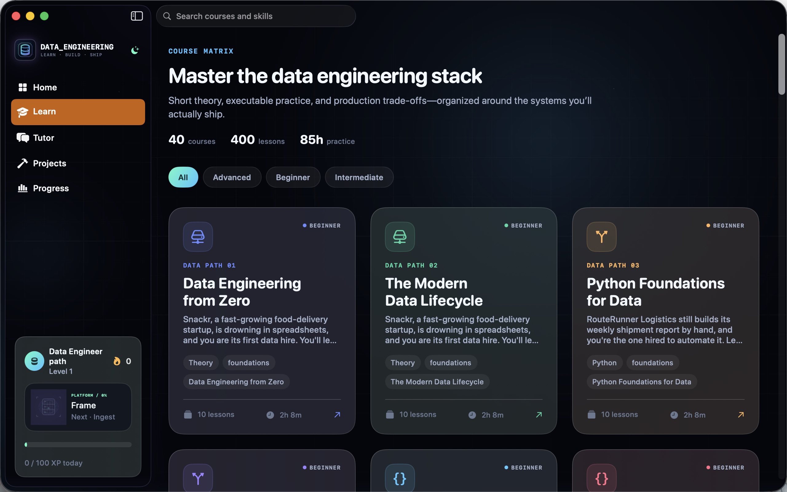 Data Engineering course matrix showing 40 courses and 400 lessons with beginner data path cards.