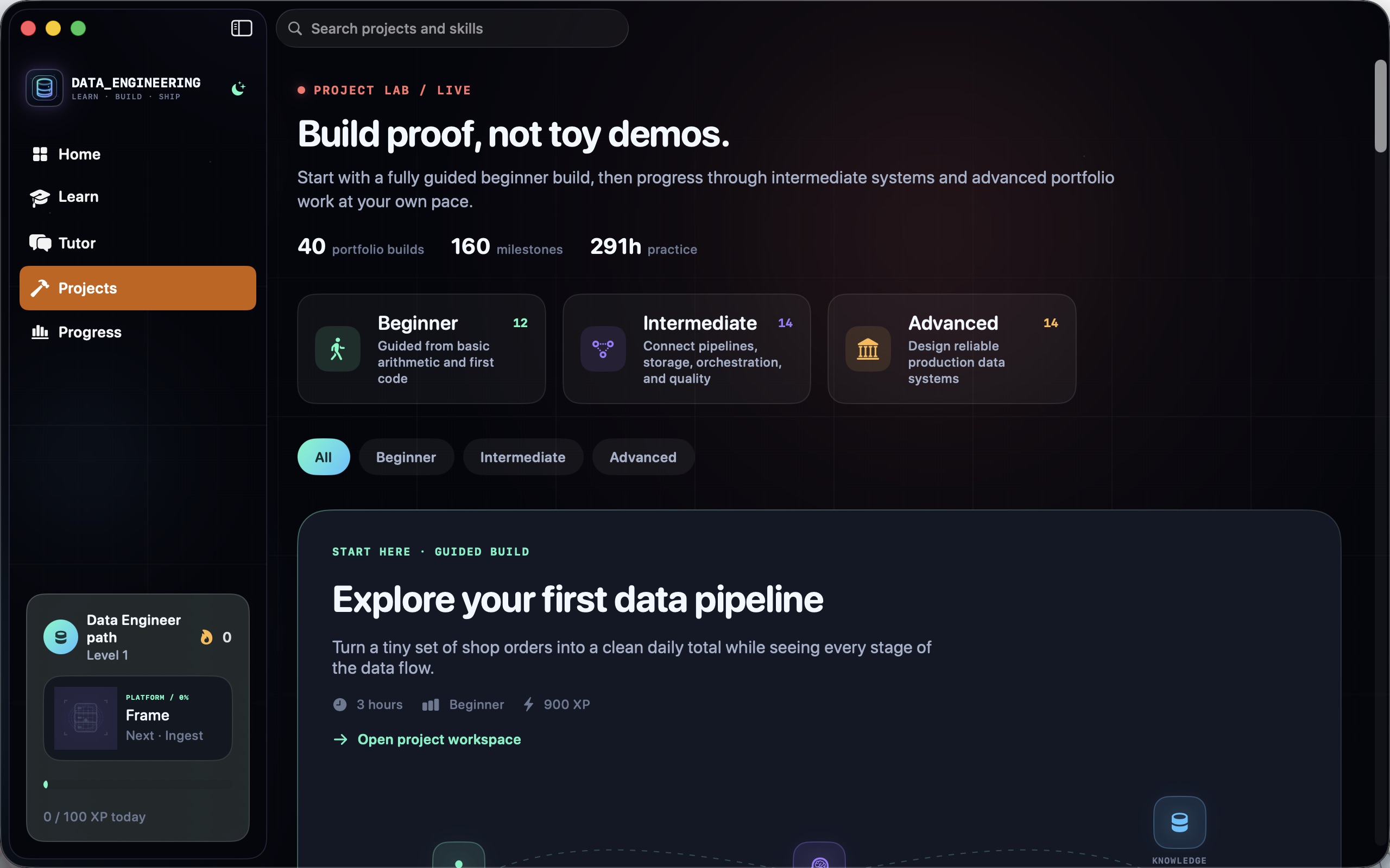 Data Engineering project list showing portfolio builds across beginner, intermediate, and advanced levels.