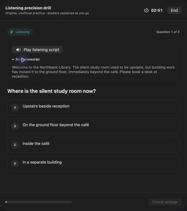 Examly — Listening drill with transcript