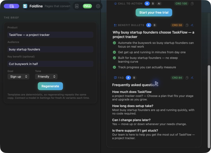 Foldline — Benefit bullets and faq