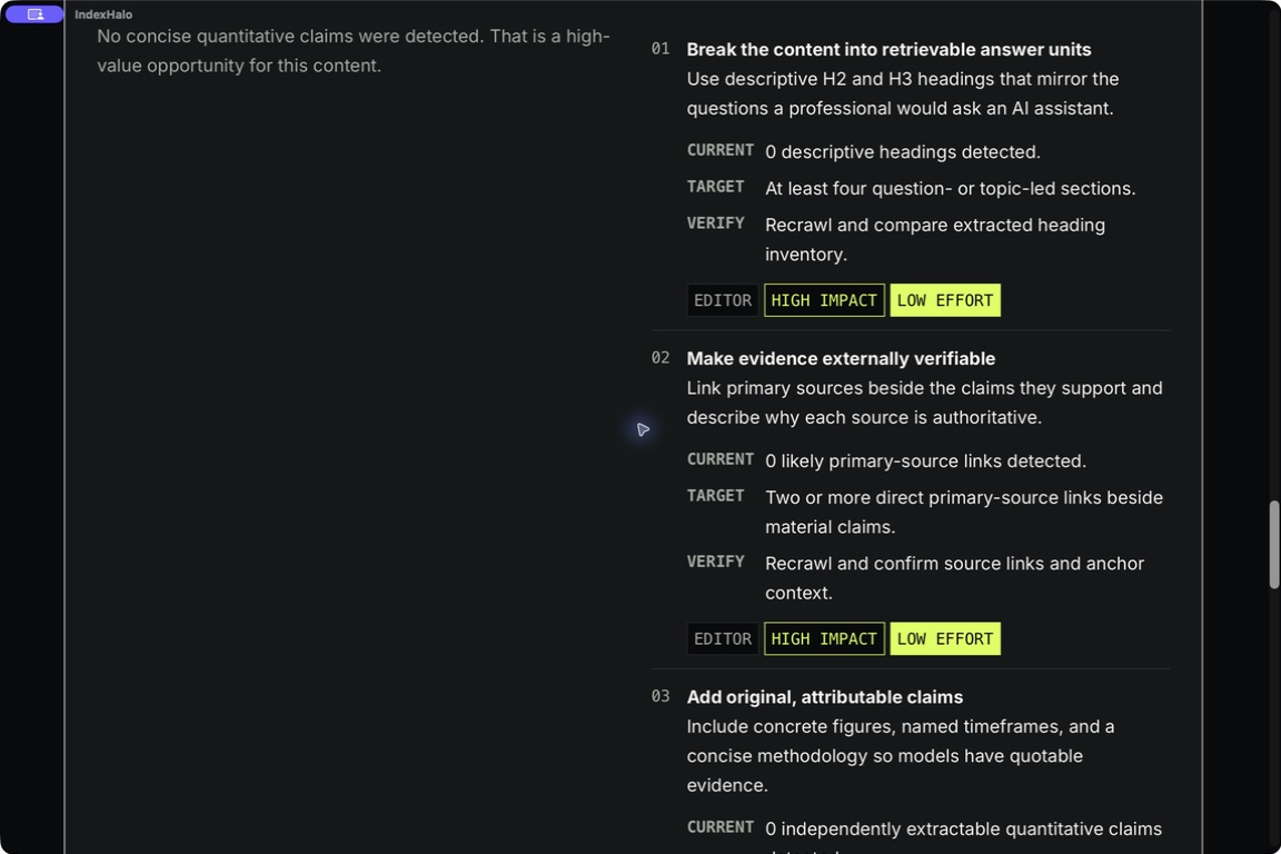 IndexHalo — Prioritised evidence action plan