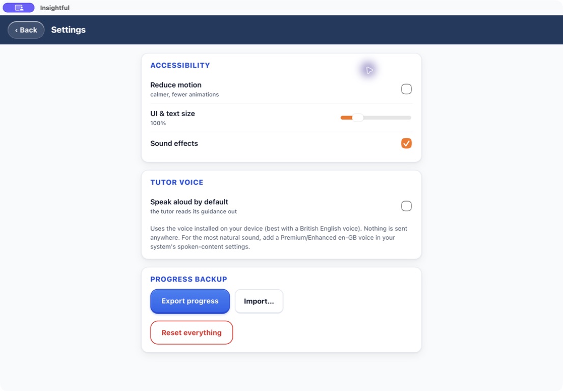 Insightful — Accessibility and backup settings