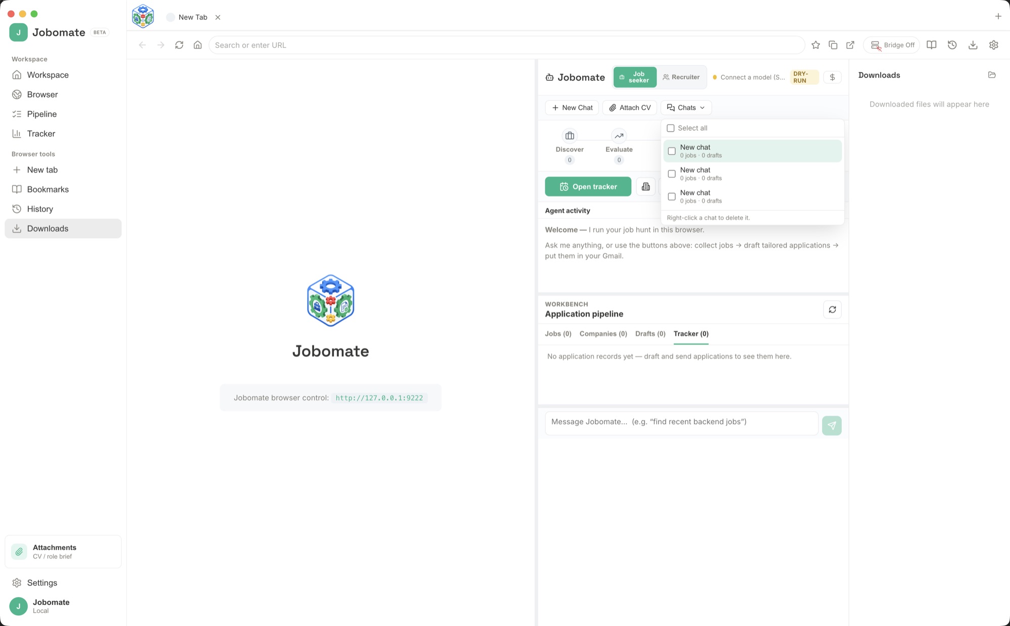 Jobomate open on its default view with the built-in browser on the left and the assistant panel on the right, where Attach CV and Load role brief live.