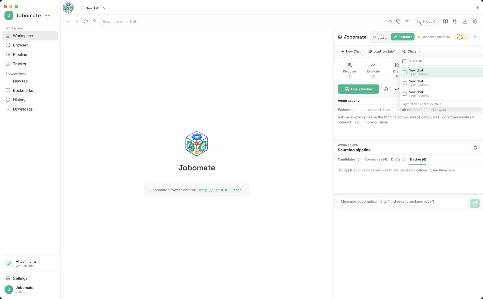 Jobomate with a built-in browser and the AI assistant panel side by side.