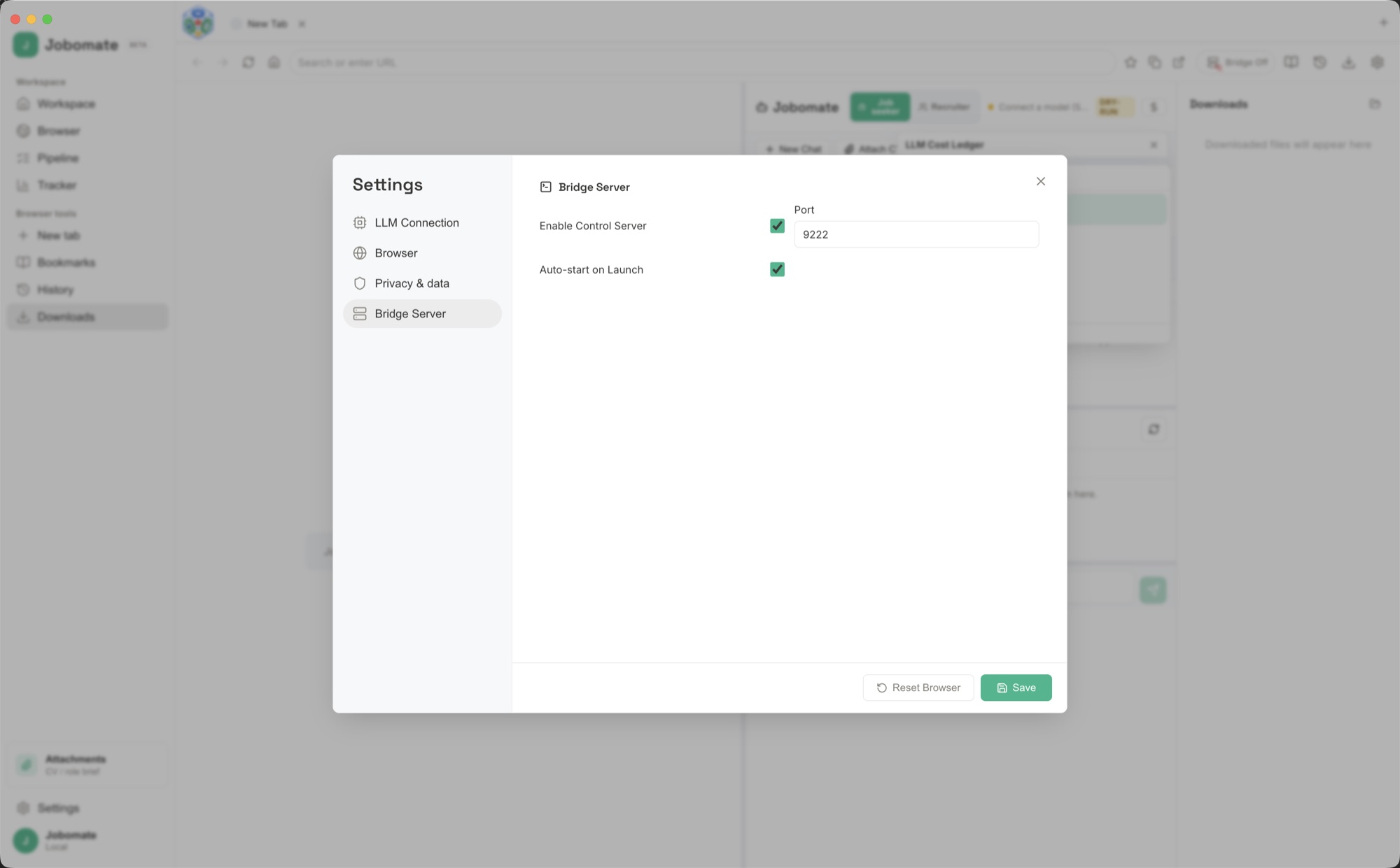 Jobomate Settings on the Bridge Server tab with the control server, port, and auto-start options.