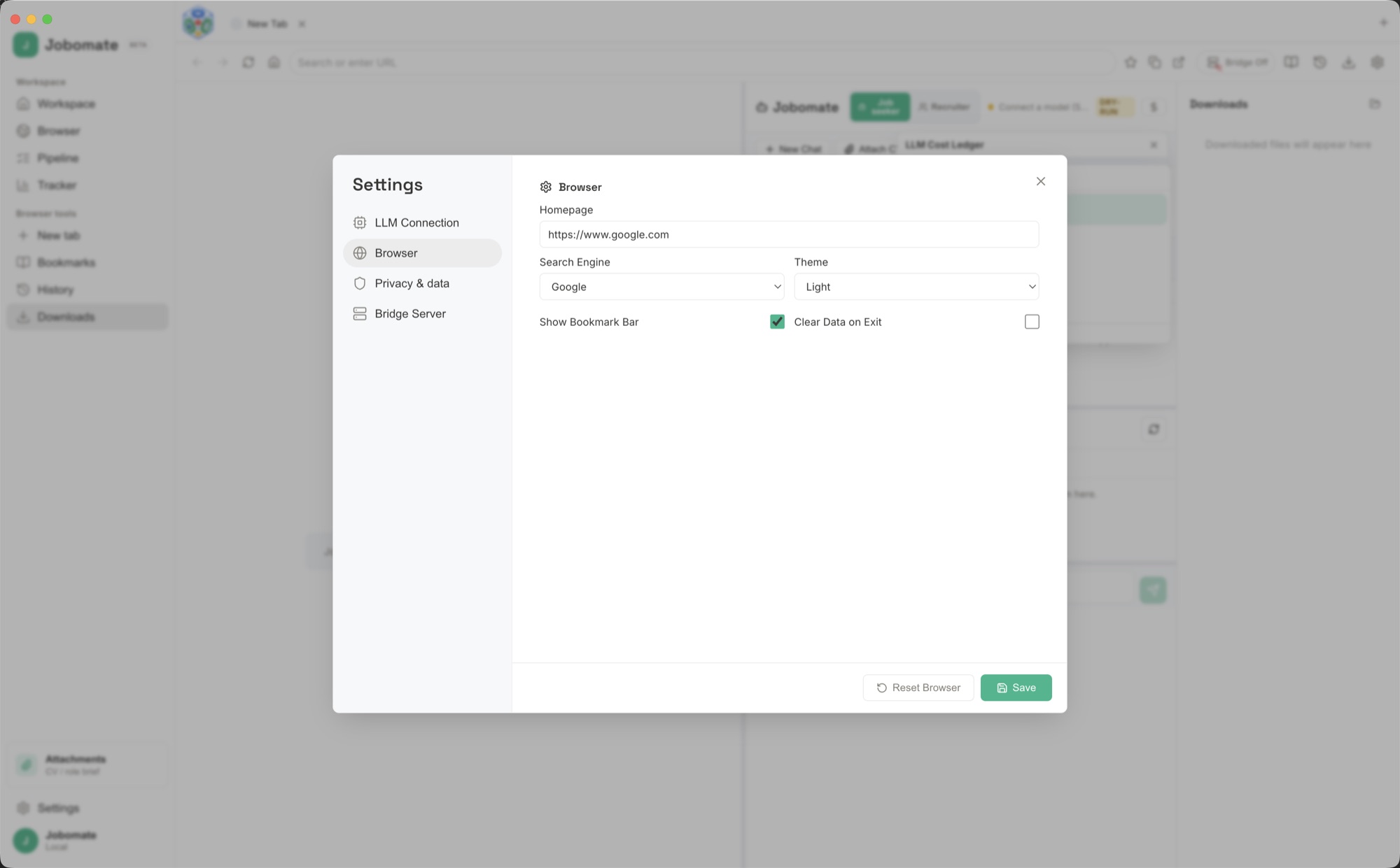 Jobomate Settings on the Browser tab with homepage, search engine, theme, and clear-data-on-exit options.