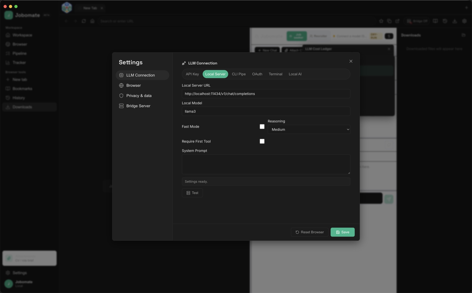 Jobomate Settings shown in dark theme.