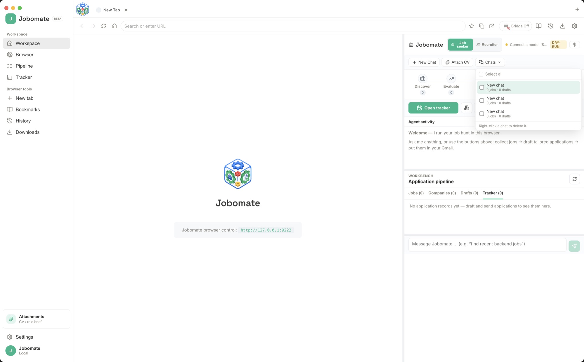 Jobomate Workspace view with jobs, drafts, and the assistant beside the built-in browser.
