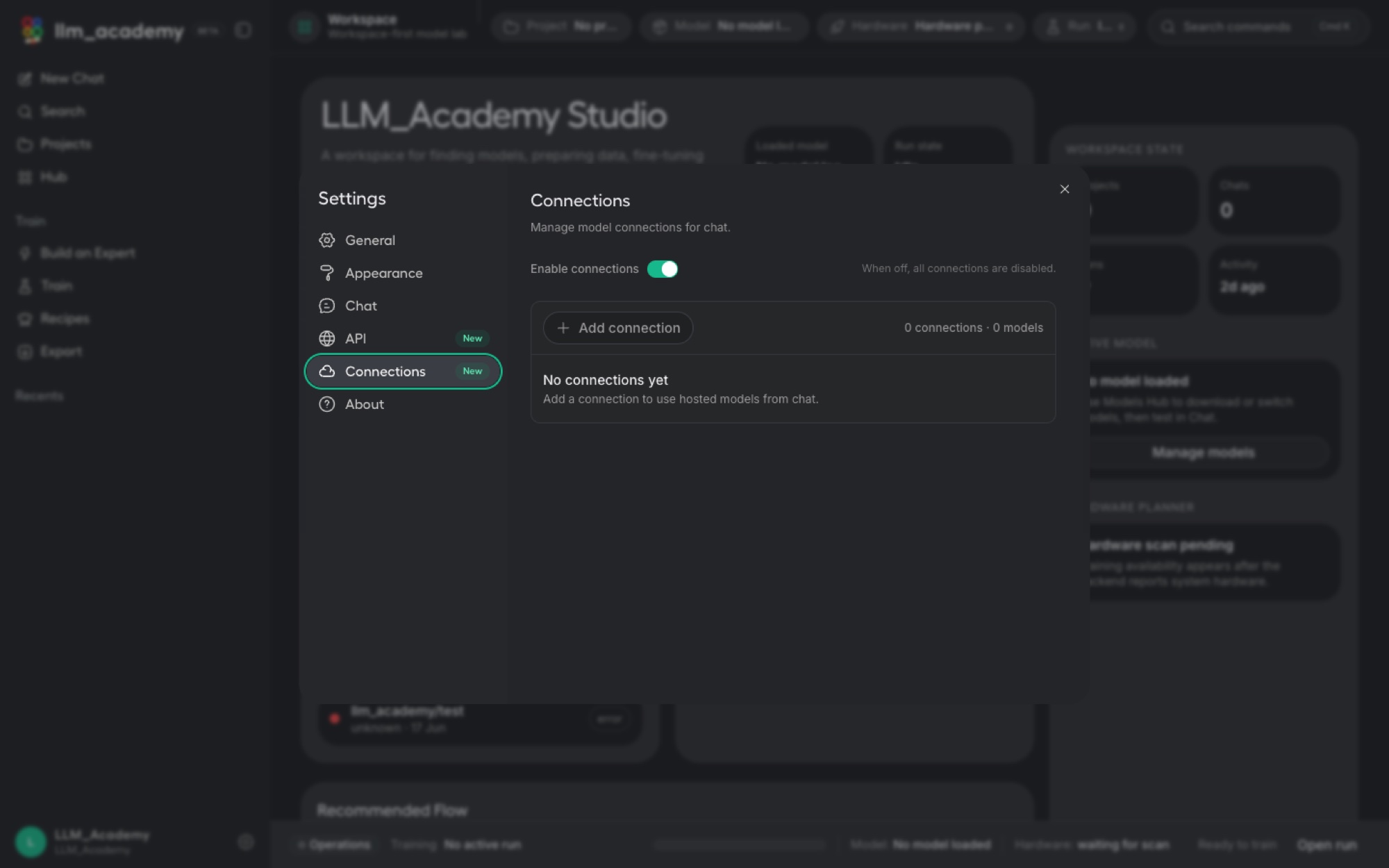 LLM Academy connections settings for adding hosted model providers.