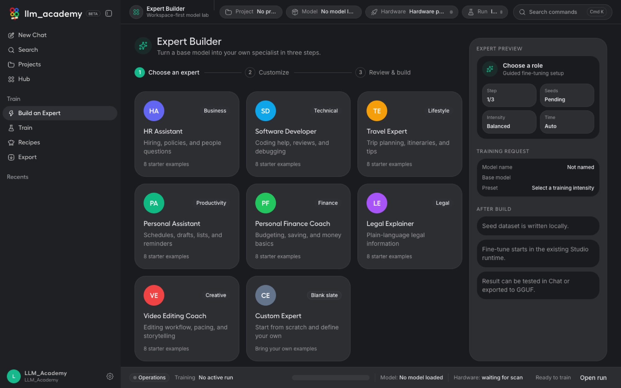 LLM Academy Expert Builder template gallery preview.