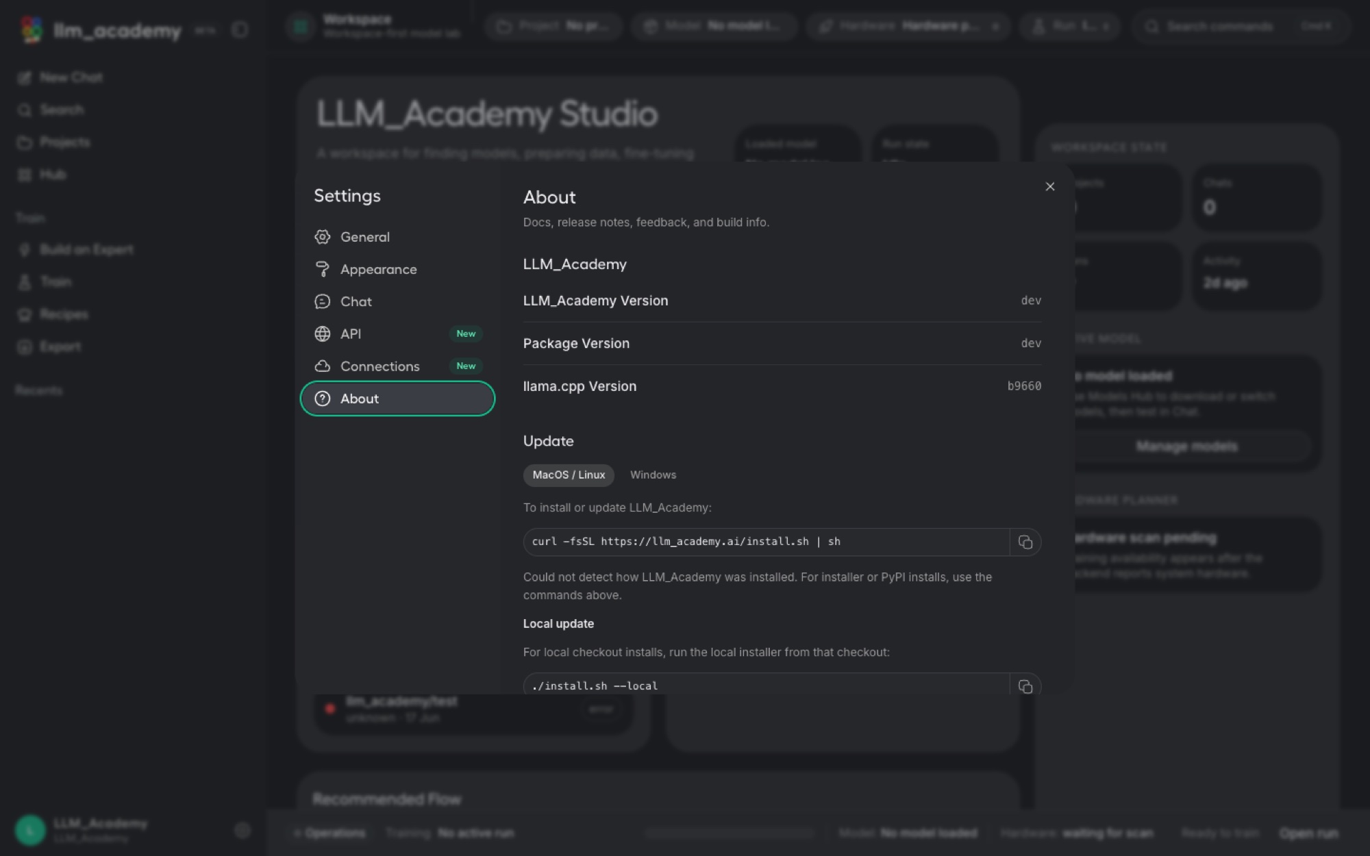 LLM Academy about screen showing version, bundled engine, and detected hardware.