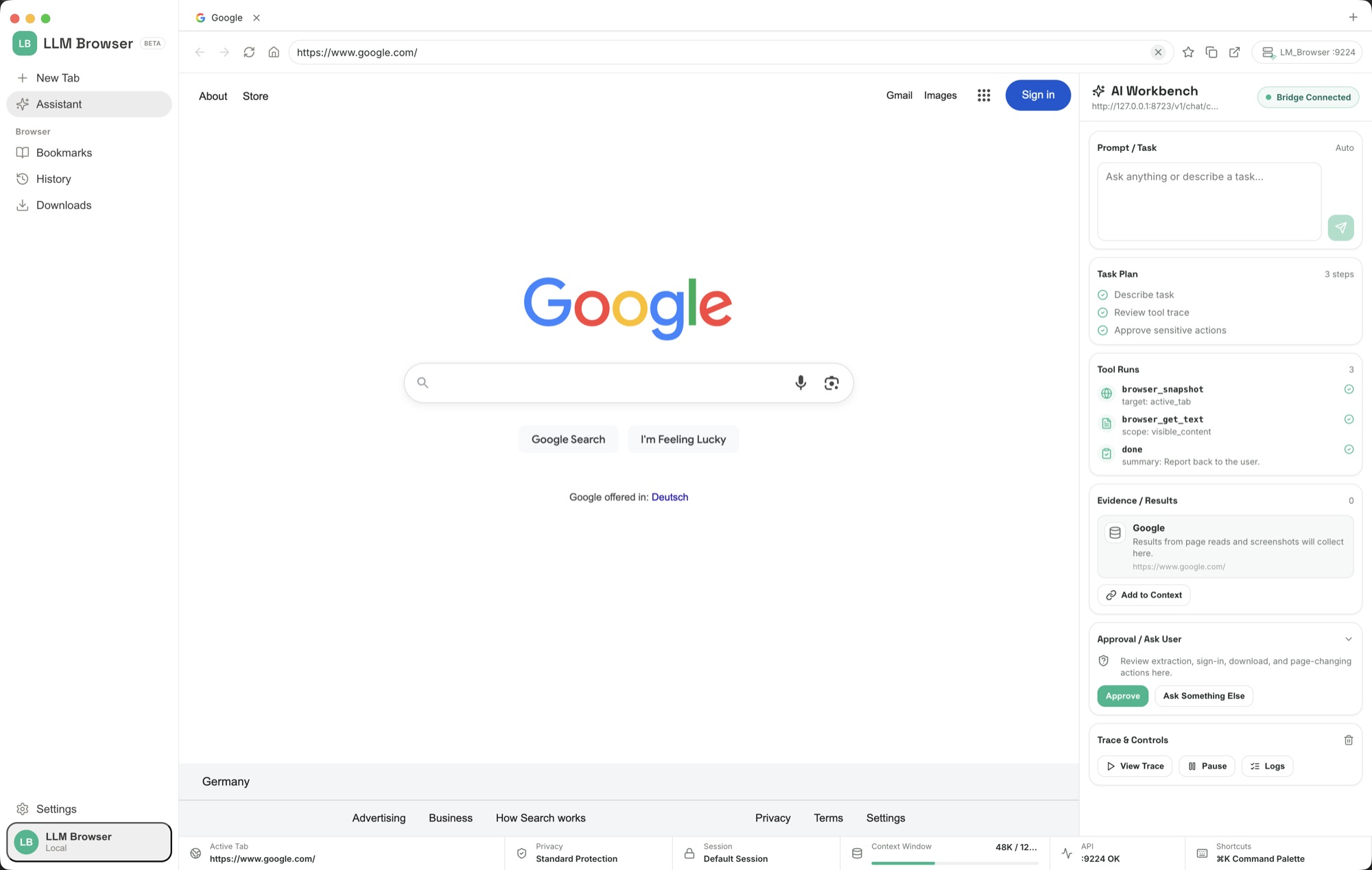 LLM Browser on a search results page with the assistant bridge panel docked below.