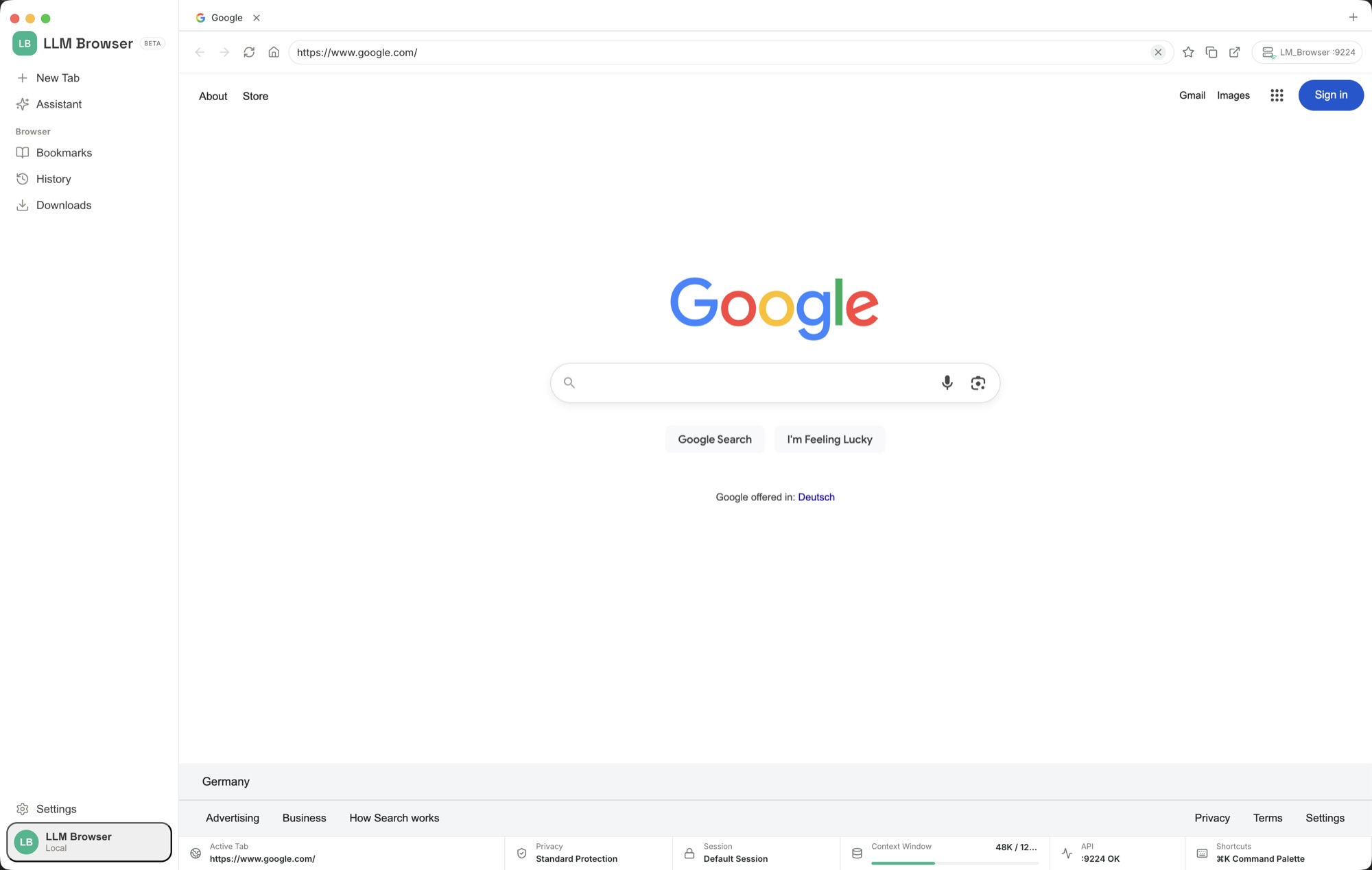 LLM Browser with the assistant workbench docked on the right beside a live web page.