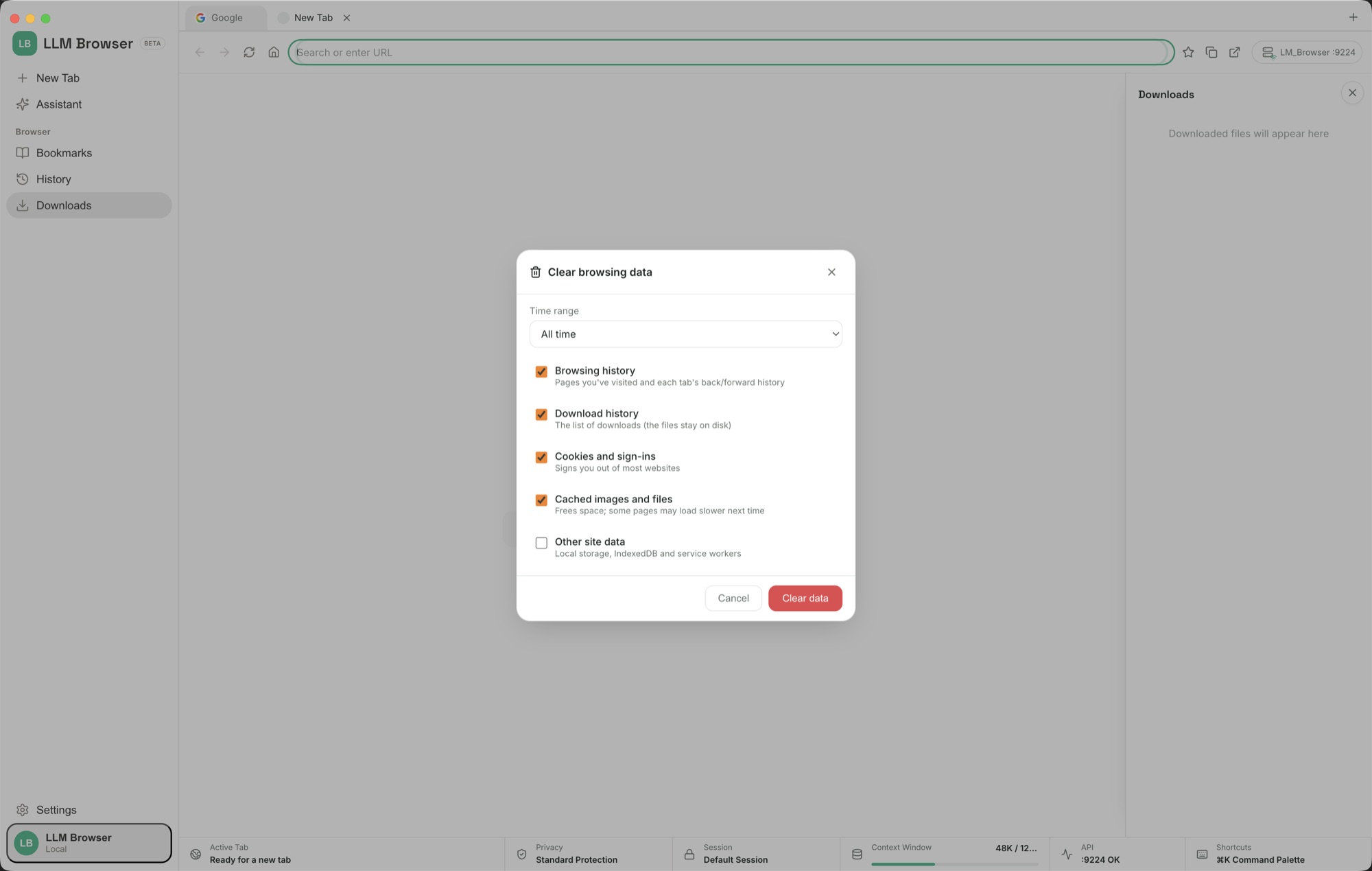 LLM Browser clear browsing data dialog.