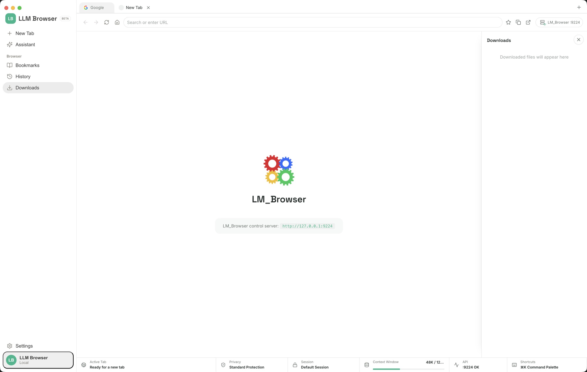 LLM Browser new tab with quick access to the sidebar, bookmarks, and assistant.